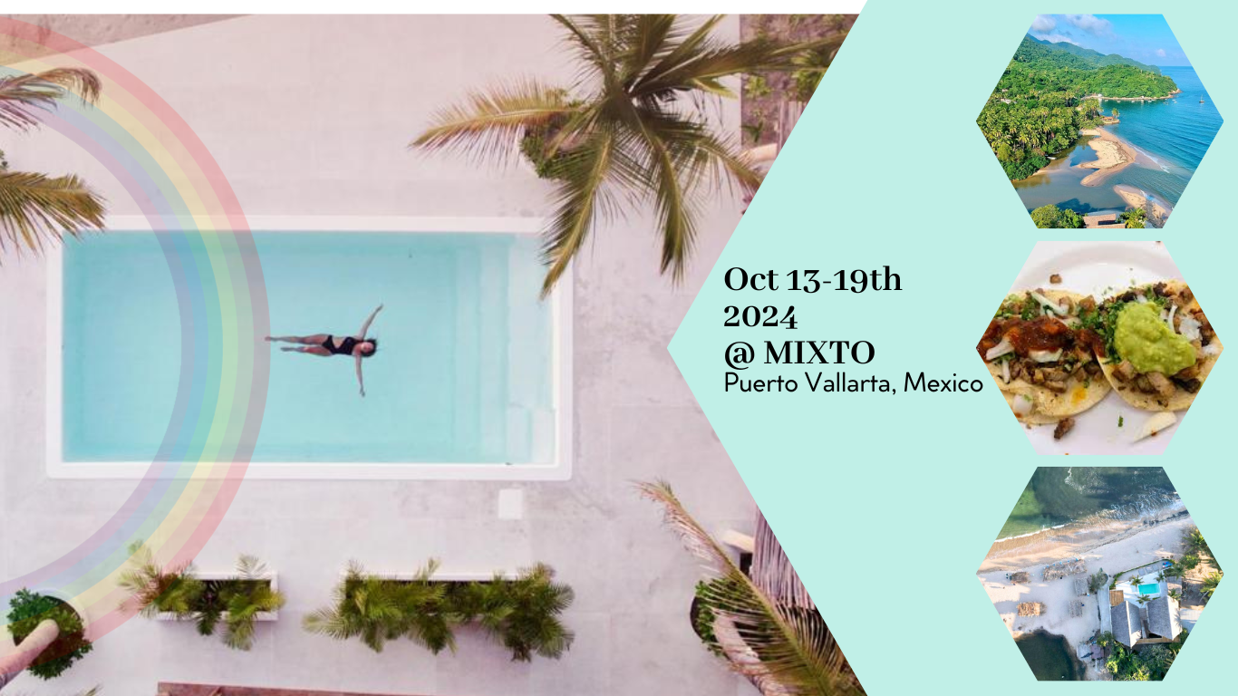 Mixto Mexico Queer Trans yOga Retreat image with a pool, palm trees, rainbow, and turquoise shapes. 