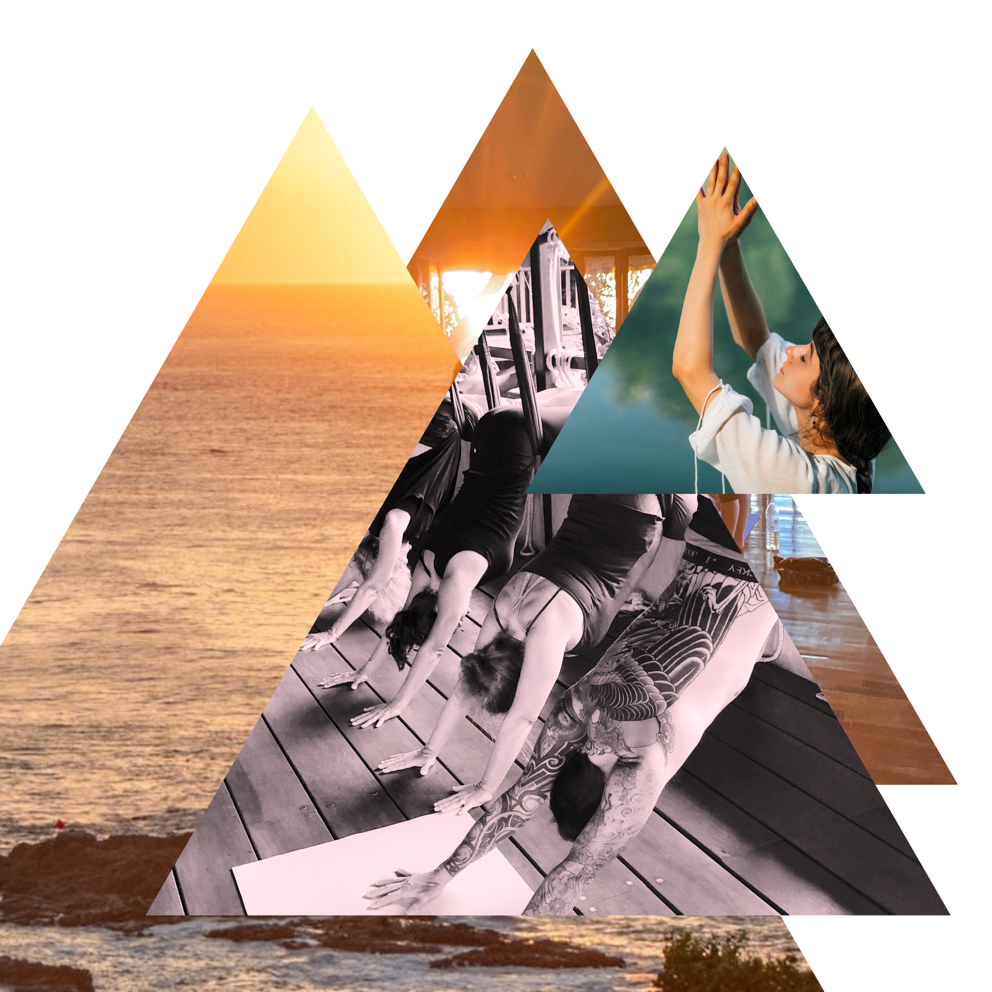 yoga retreat illustration art with triangles, gay asana, prayer, ocean