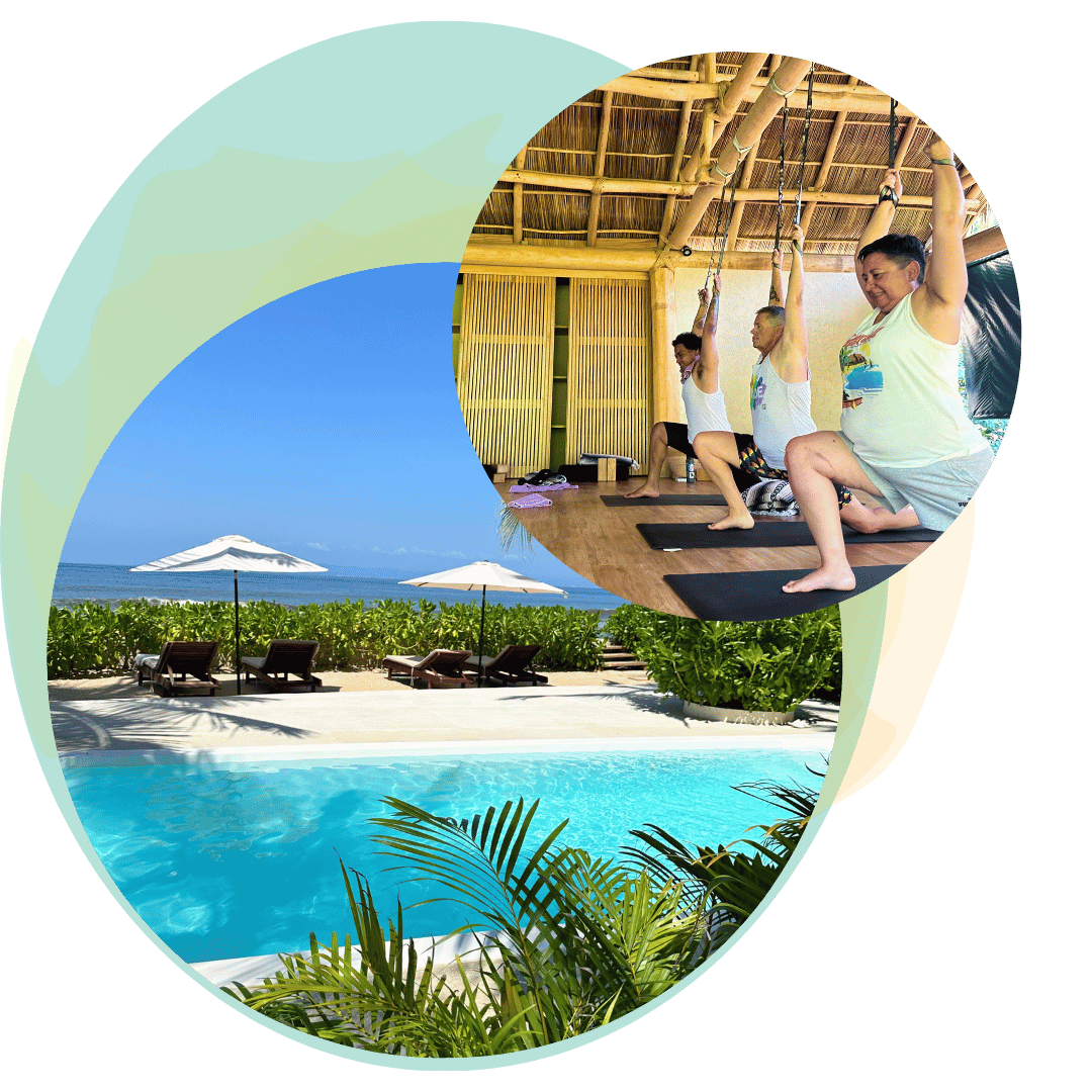 nonbinary and trans people practicing yoga on a queer retreat, and a turquoise pool in a photo collage.