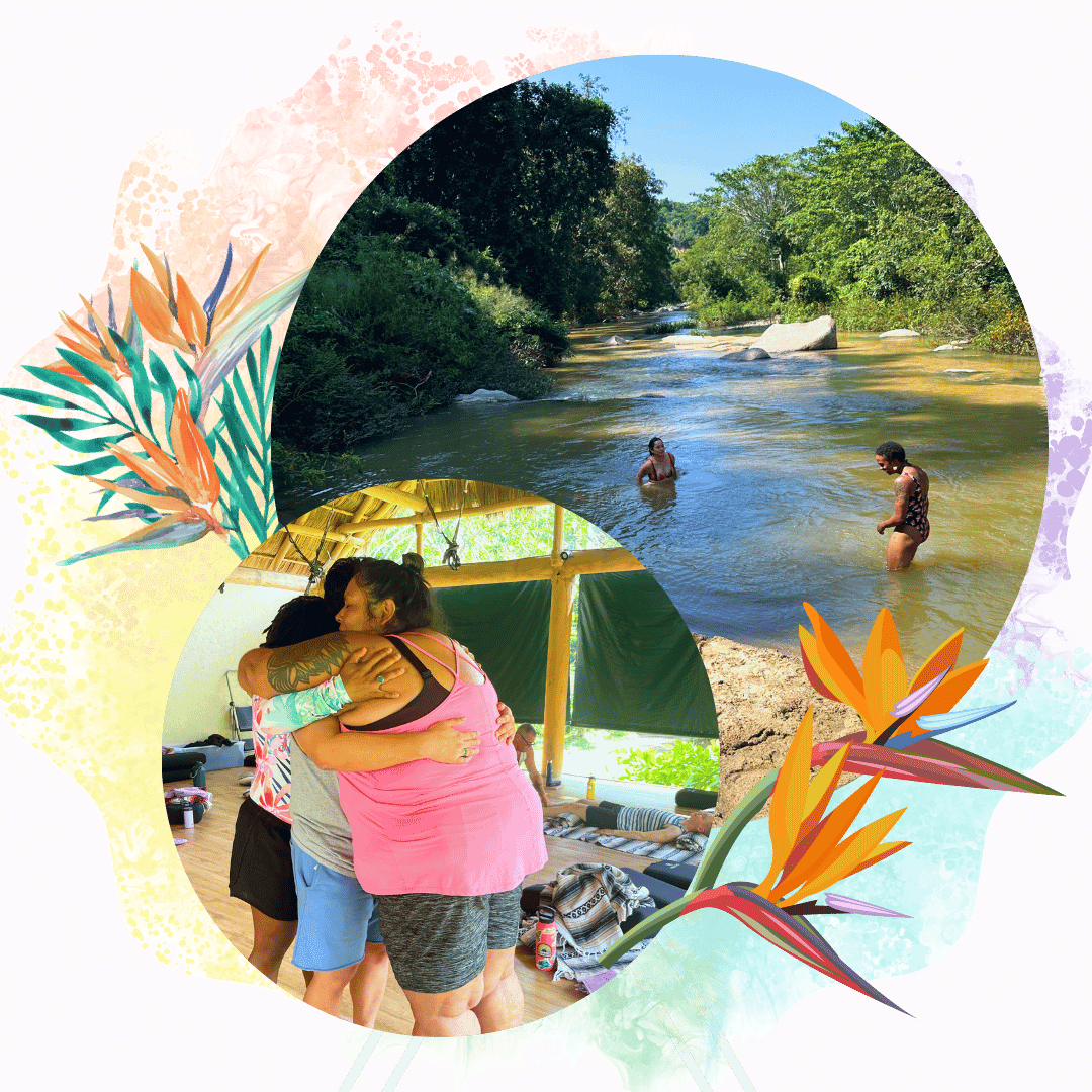 A graphic of 3 queer people hugging, and queer and trans people of color playing in a green river, surrounded by tropical flowers.