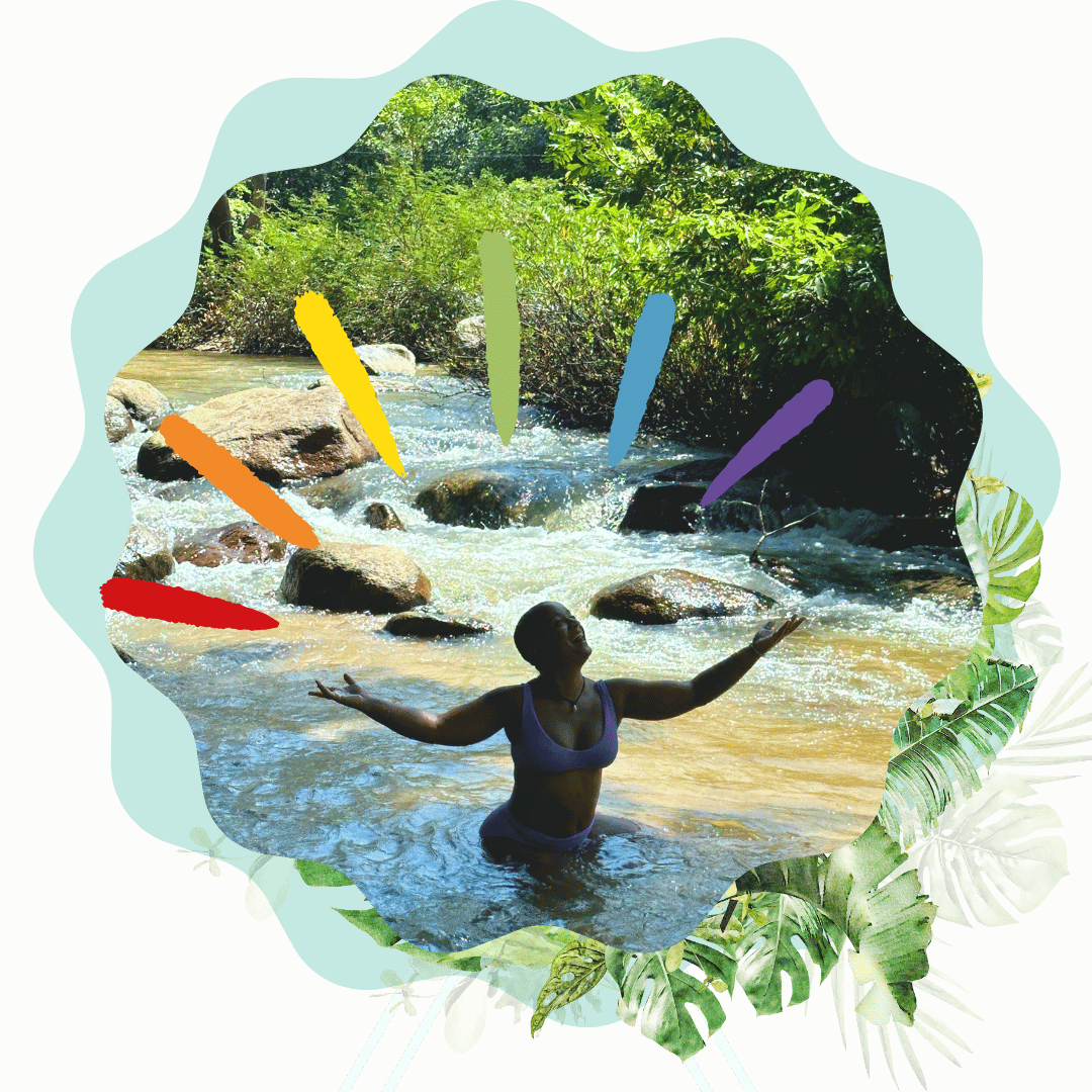 A graphic of Kiki Williams, a queer Black retreat leader offering nature based healing, generative somatics and relational mindfulness, rejoices in a river, with rainbow colors shining overhead.