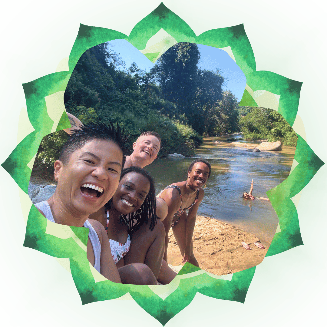 A graphic with a green mandala boarder around a phot of diverse queer and trans and QTBIPOC people smile by a tropical river at a queer yoga retreat.