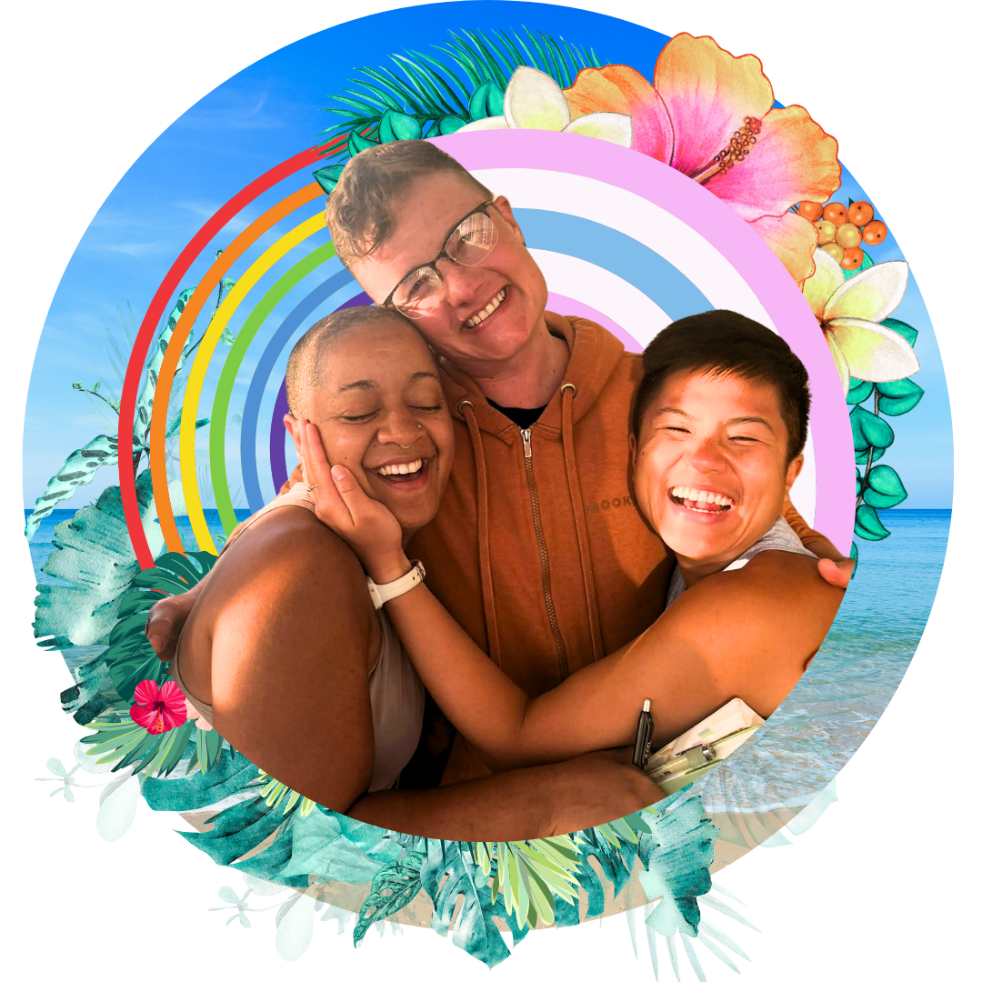 a collage art graphic showing Kiki Williams, a Black femme, Avery Kalapa, a white trans guy, and G Tiarachristie, an Asian non-binary person,  3 queer trans yoga retreat leaders, smiling in an warm embrace,m layered with tropical flowers, trans and gay pride rainbows, and a photo of a sunny tropical beach. 