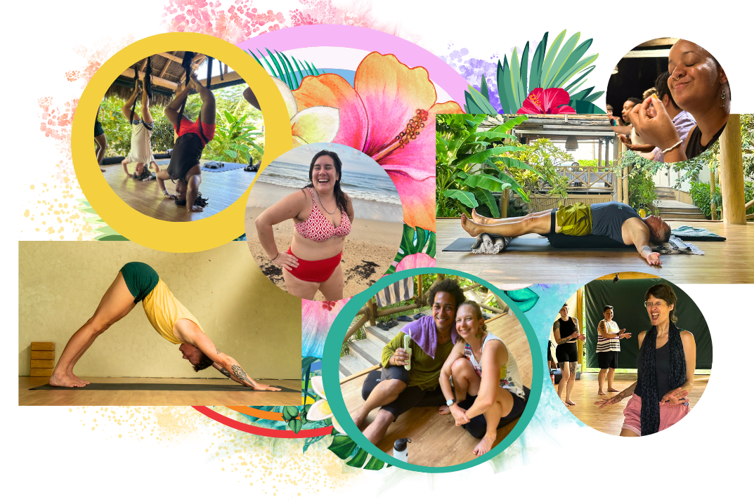 A collage of LGBTQ+ and QTBIPOC relaxing, swimming, smiling and doping yoga on a queer trans yoga retreat organized by Avery Kalapa, Kiki Wiliams, and G Tiarachristie.