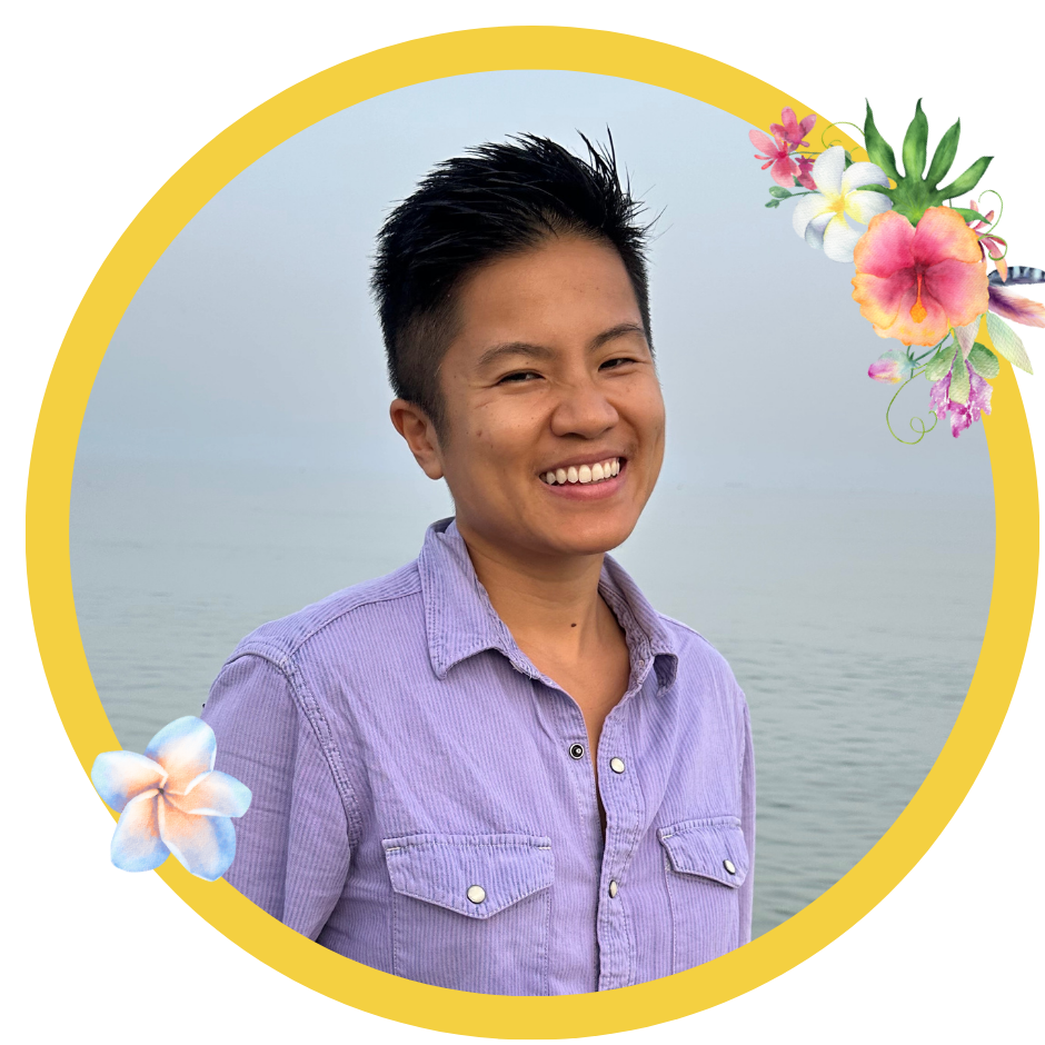 A smiling photo of G Tiarachristie, an Indonesian queer non-binary retreat facilitator in a lavender shirt, in a gold circle frame with tropical flowers.