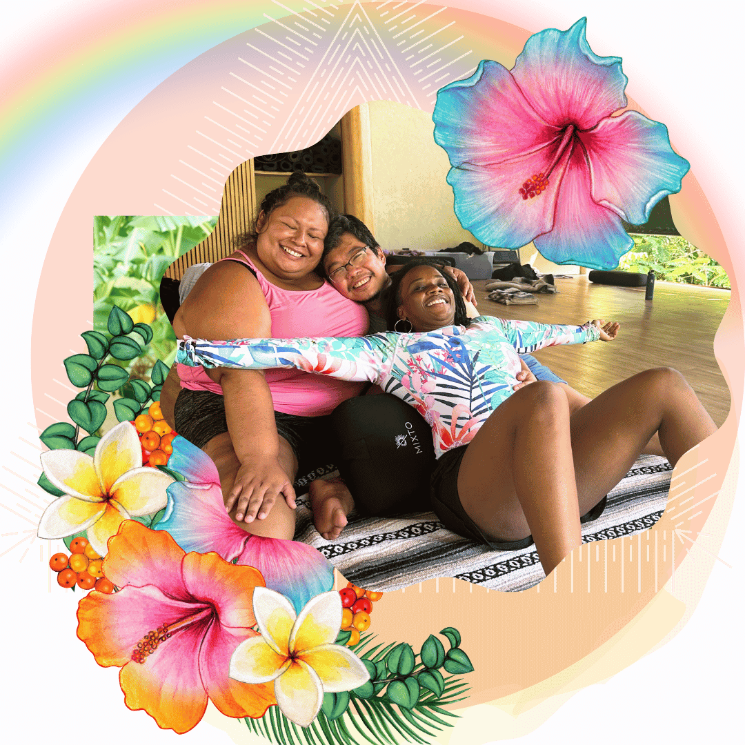 3 queer people of color smile after a somatic healing session on an LGBTQ+ yoga retreat in Mexico. 