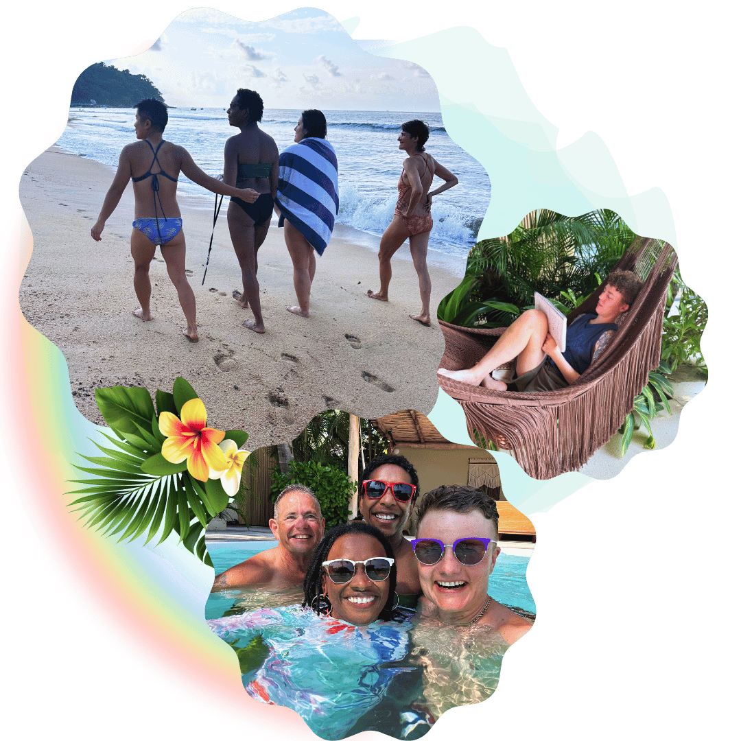 a collage of images showing queer community and trans QTBIPOC joy: friends walk along a beach, a non binary person journals in a cozy hammock, and 4 friends smile together in a pool.