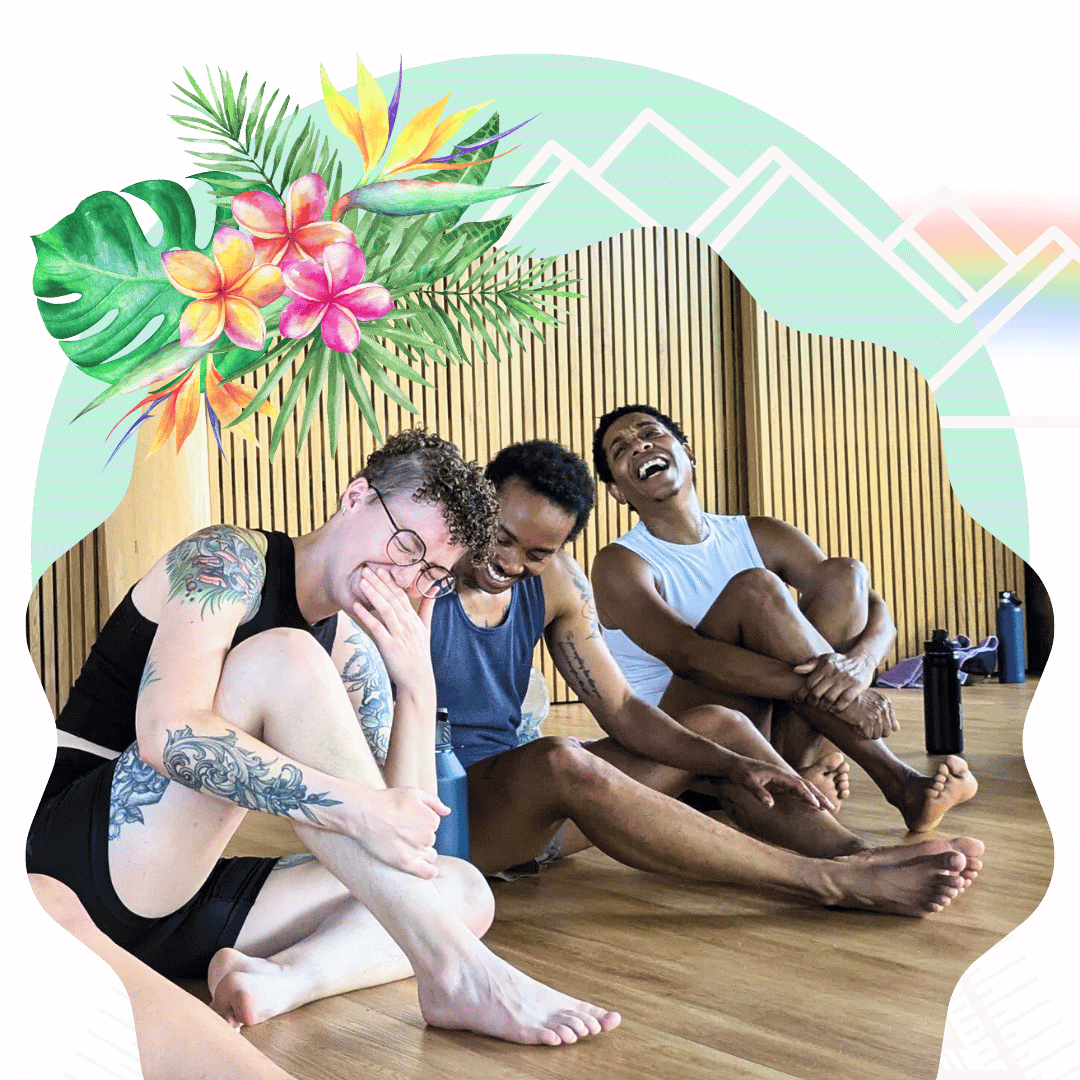 3 queer trans people laugh together on a yoga retreat.