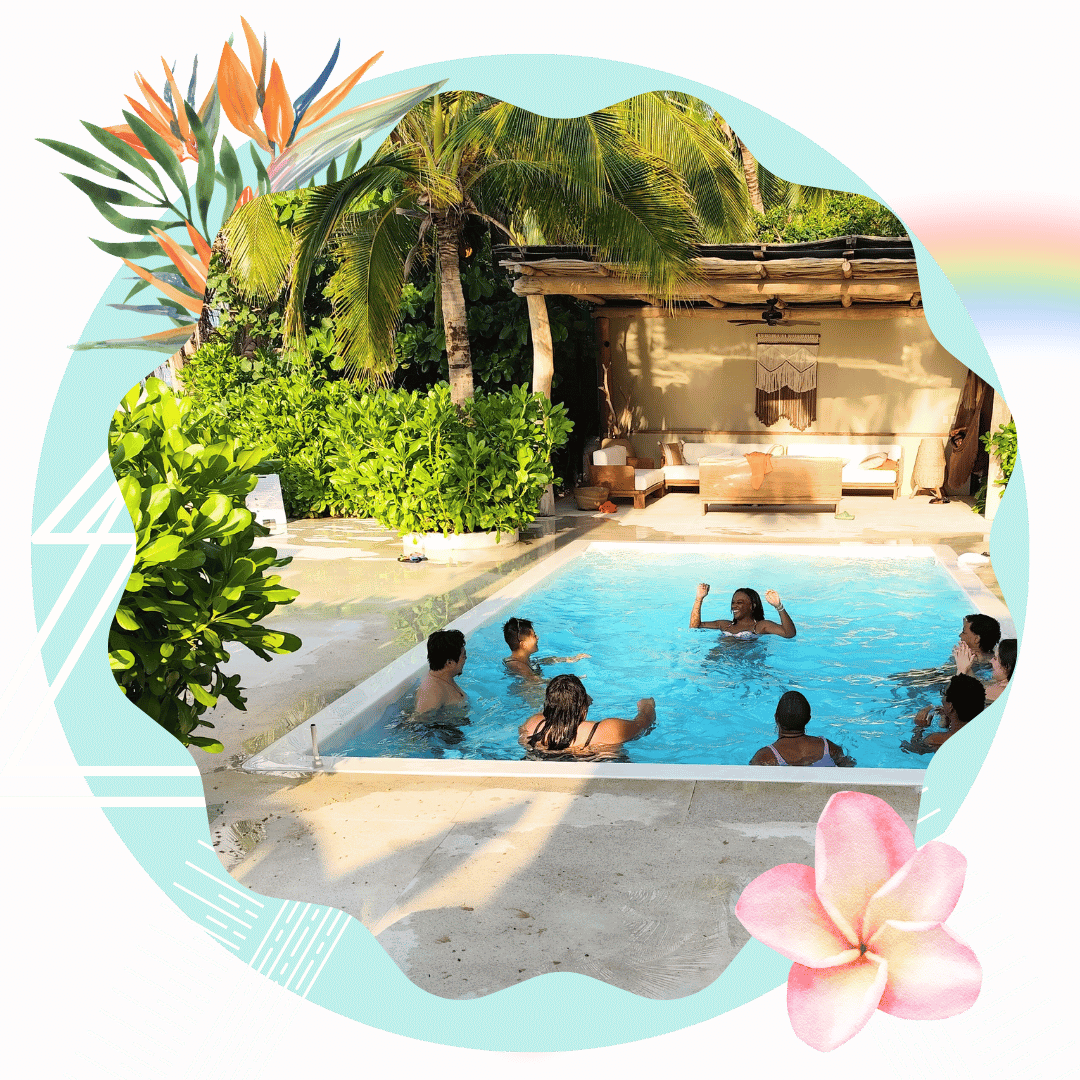Diverse queer and trans people experience joy and laughter together in safe space in a pool on a yoga retreat with Avery Kalapa and Kiki Williams.