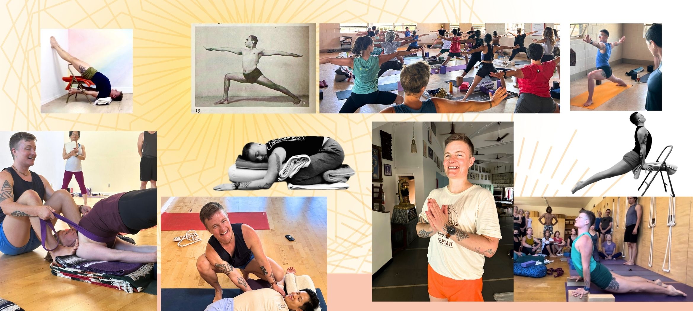 a collage of Avery, a trans queer Certified Iyengar Yoga teacher teaching classes, workshops, and other in person yoga.