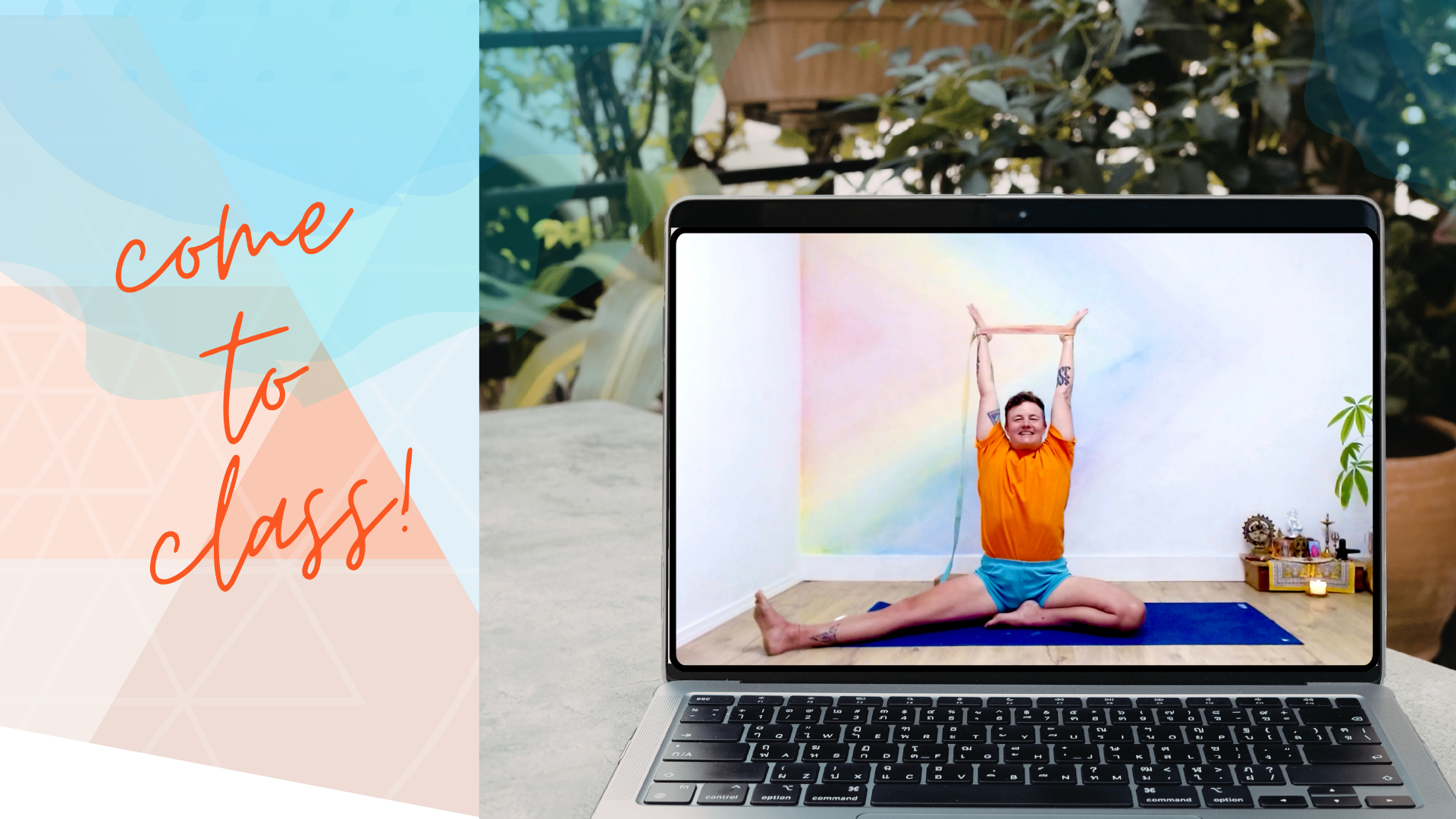 "come to class" graphic, showing Iyengar Yoga teacher Avery Kalapa teaching yoga online.