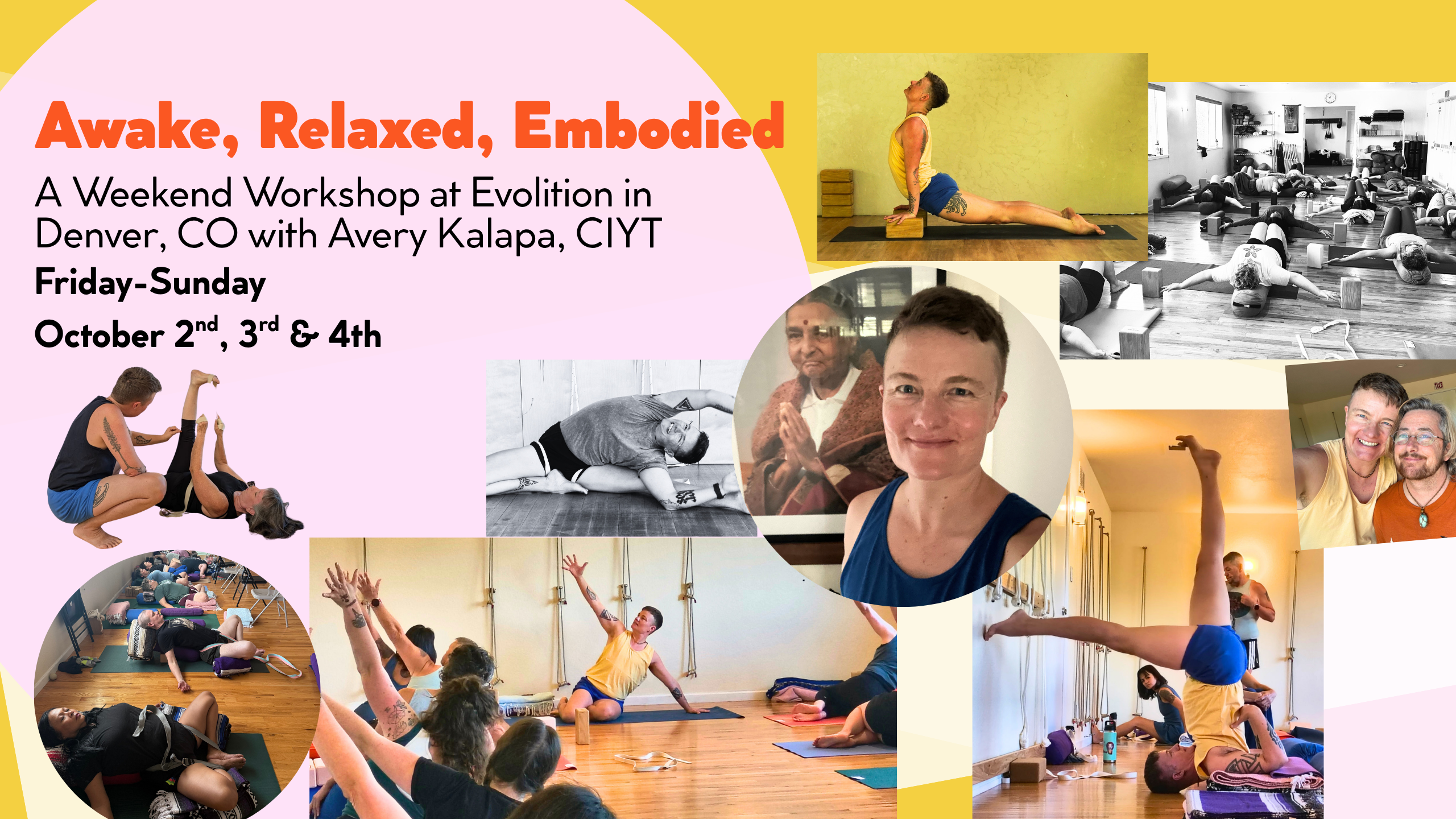 Awake, Relaxed, Embodied flyer for Avery's Iyengar Yoga workshop in Denver 2026