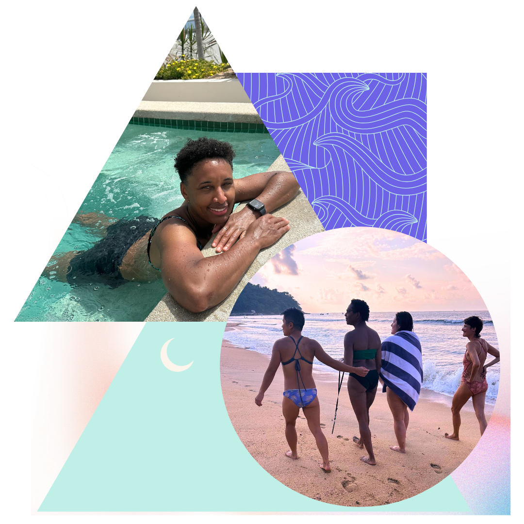 Diverse queer and trans people experience joy and laughter together in safe space in a pool on a yoga retreat with Avery Kalapa and Kiki Williams.