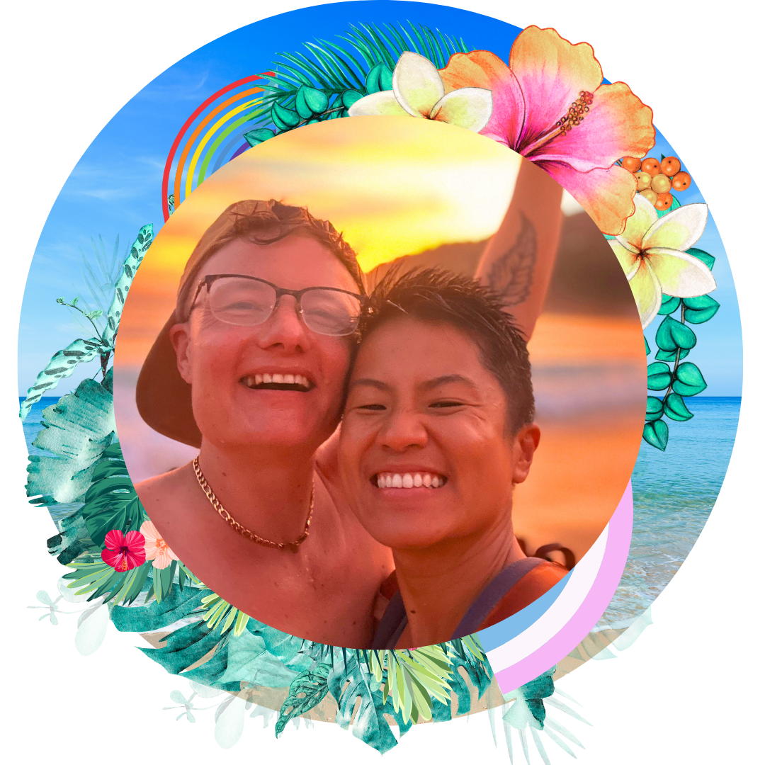 A graphic of G Tiarachristie and Avery Kalapa, leaders and organizers of queer and trans yoga retreats, smiling by a sunset surrounded by tropical flowers and pride rainbows.