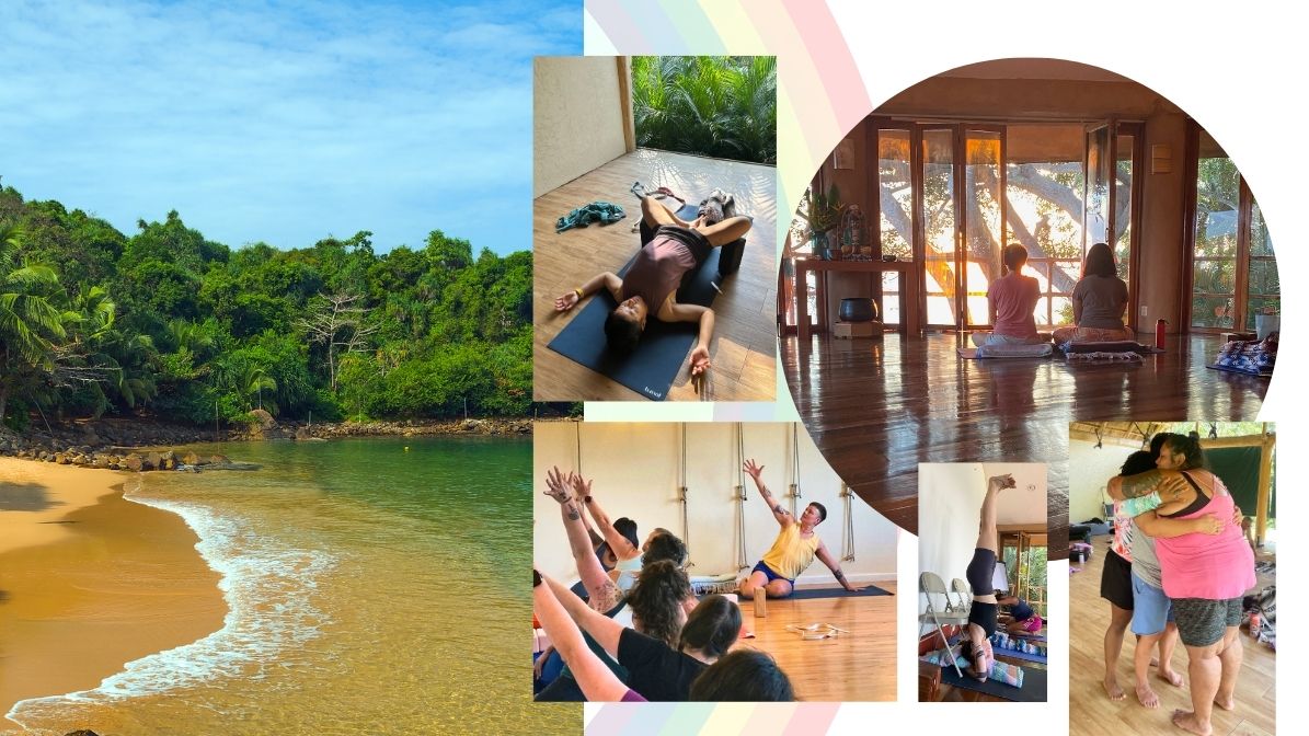 Queer Trans Yoga Retreat at Mar de Jade collage graphic.