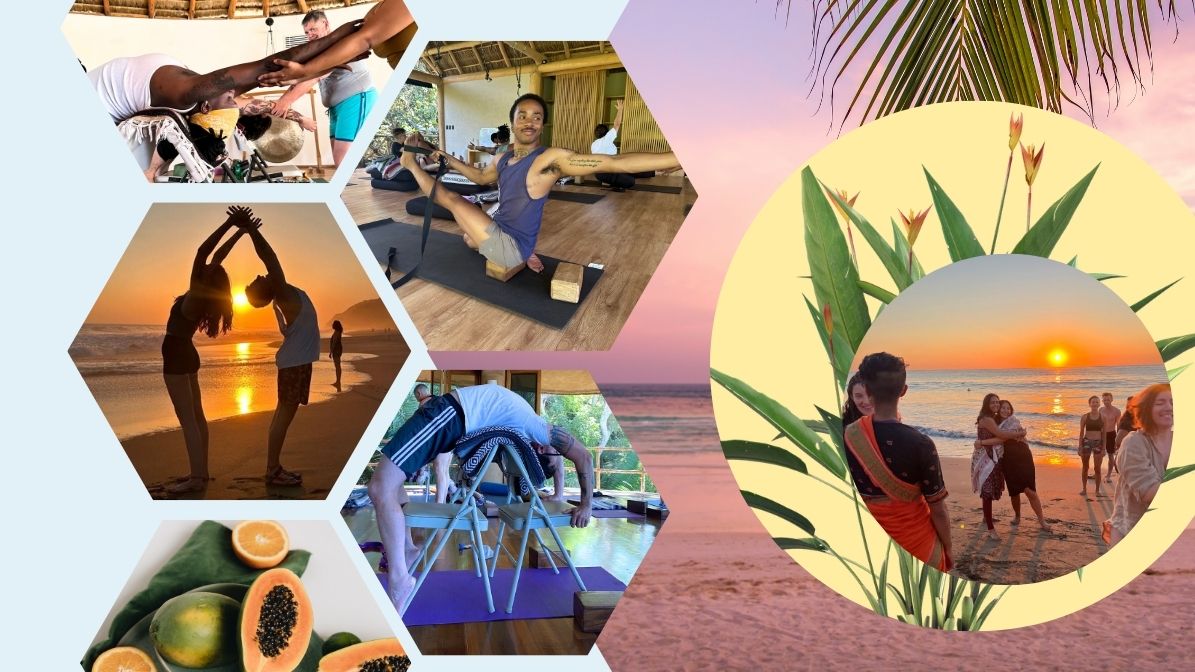 Graphic showing joyful scenes of diverse people at  a queer trans somatic healing and Iyengar yoga retreat in Mexico by the beach.