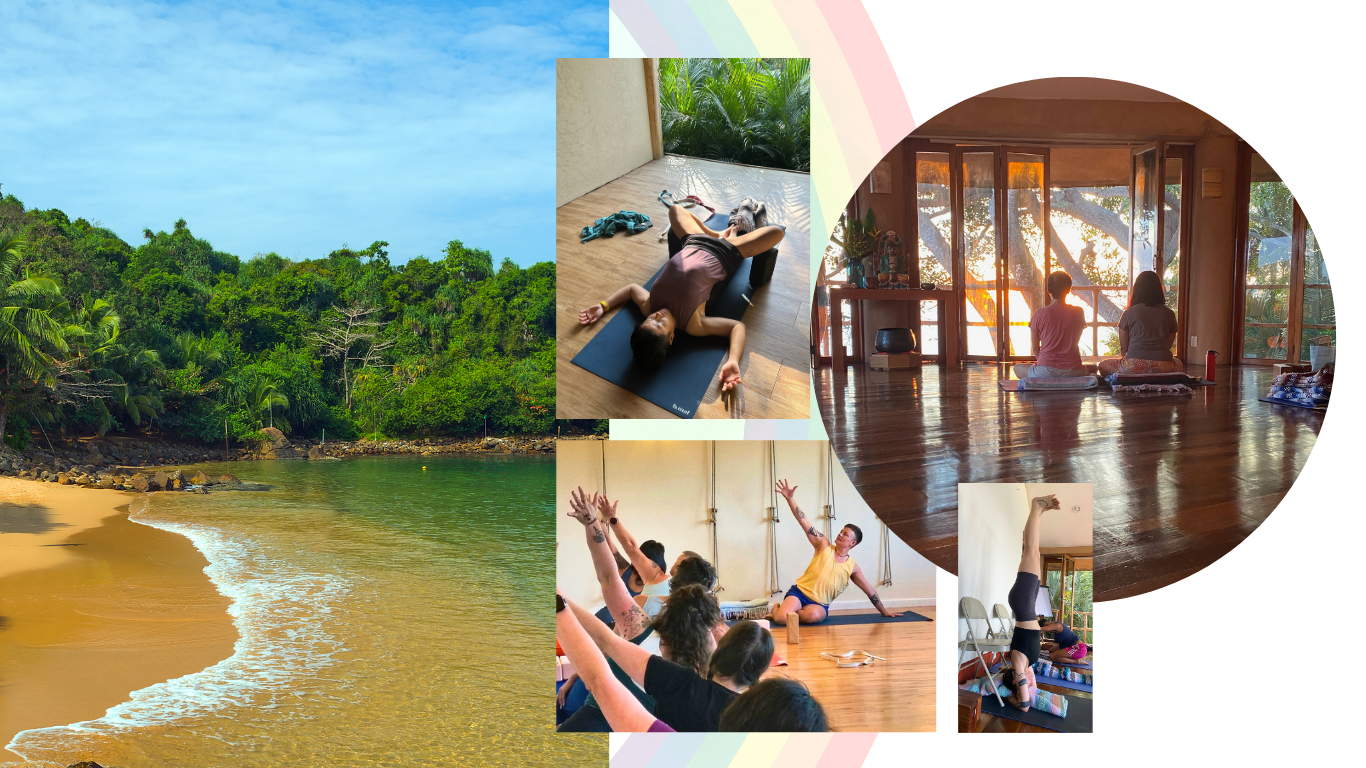 Queer Trans Yoga Retreat at Mar de Jade collage graphic.