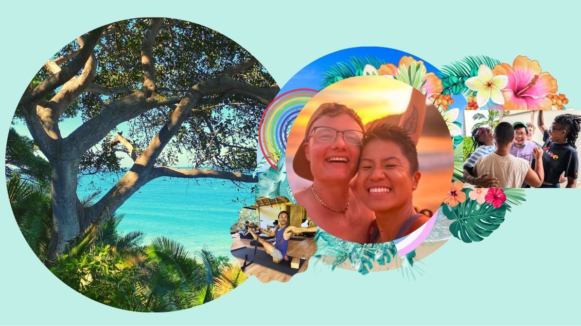 Queer Trans Retreats banners for website Banner image collage showing Avery and G, turquoise ocean and a beautiful tree, and queer joy.