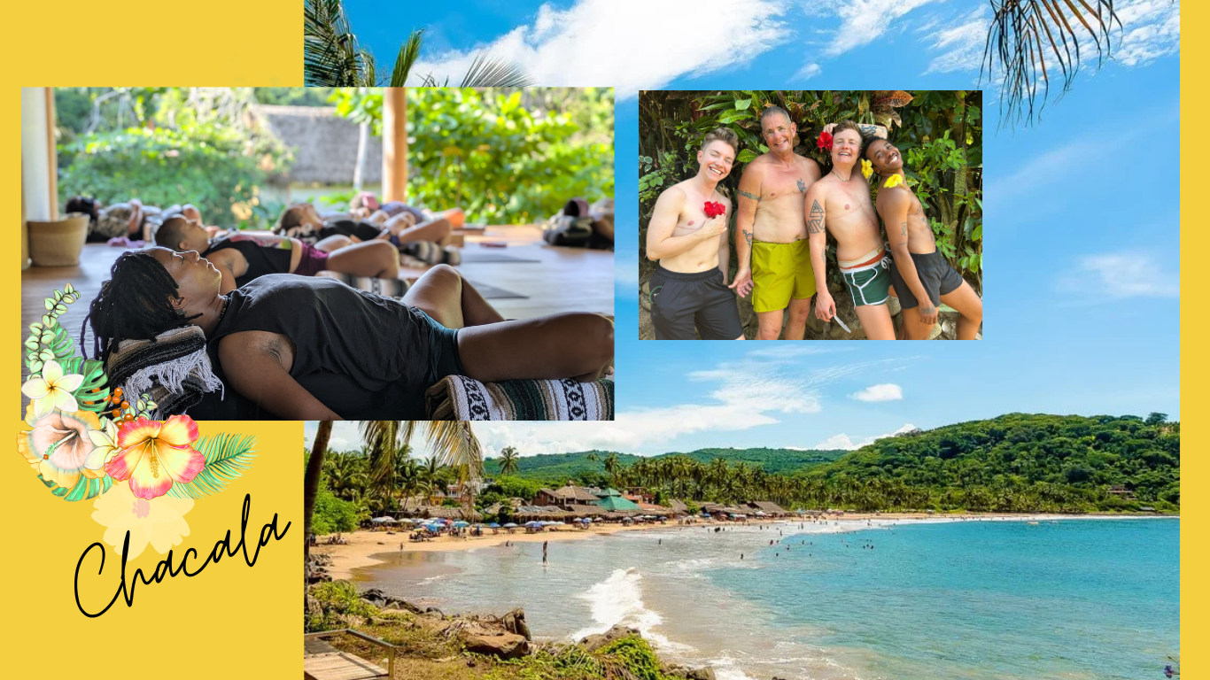 A graphic collage showing trans joy with 4 people enjoying their chests after top surgery, QTBIPOC rest in a restorative yoga class, and Chacala beach