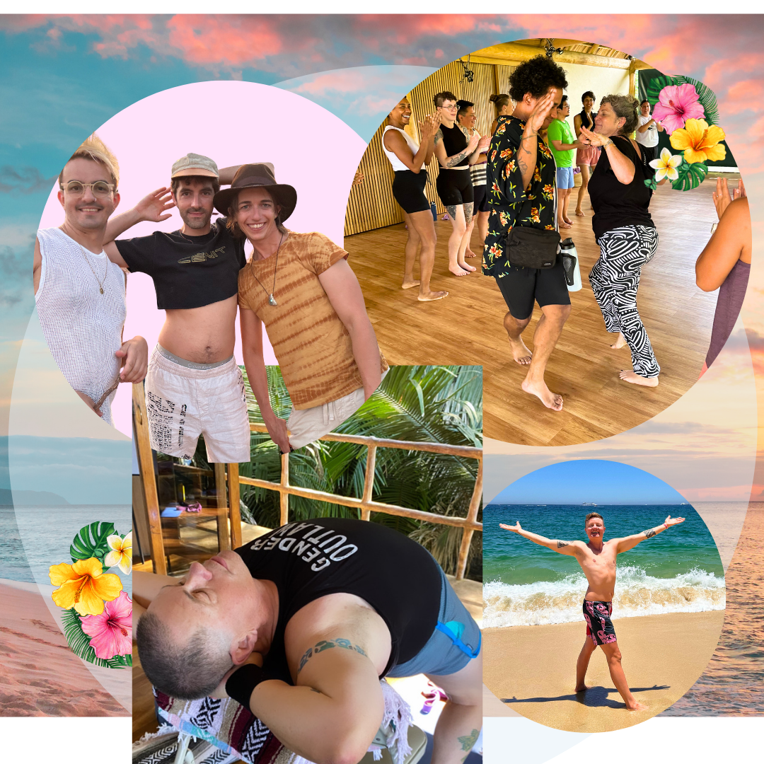 A graphic collage from a queer trans yoga retreat with LGBTQ and QTBIPOC people practicing liberation somatics and yoga in a tropical yoga shala, smiling, and playing on the breach, in front of a sunset colored ocean photo.