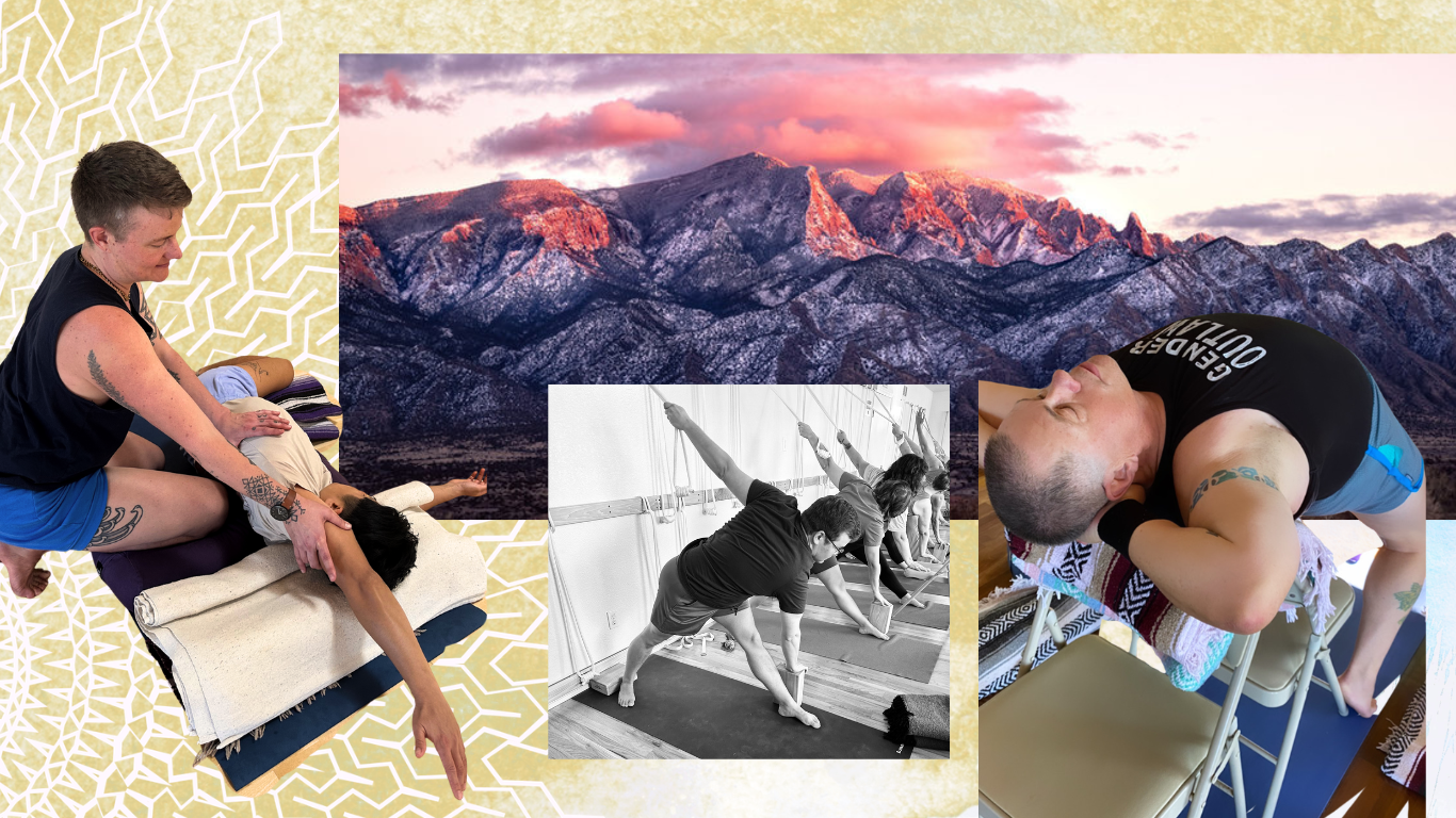 Collage of the Sandia Mountains in New Mexico and Avery Kalapa teaching Iyengar Yoga in person to diverse students.