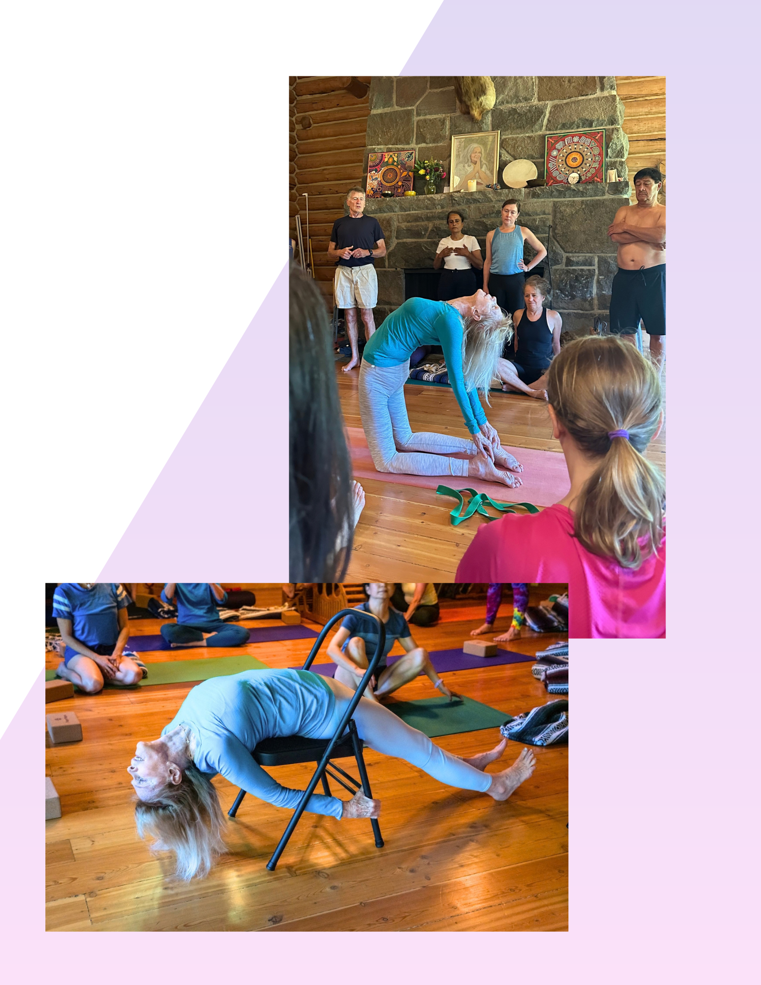 Patricia Walden, almost 80 years old, blissful in her beautiful backbend demos, during class.