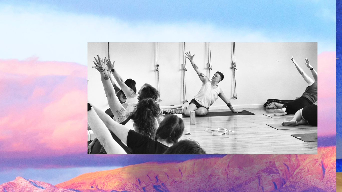 Avery teaching Iyengar Yoga and the Sandia Mountains in New Mexico in winter.