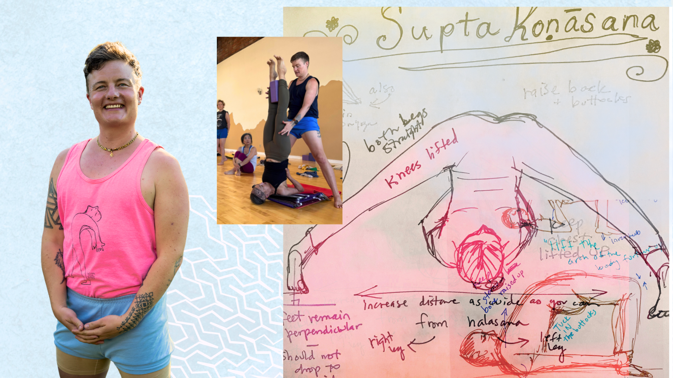 Avery Kalapa, certified Iyengar Yoga teacher, smiling in trans colors, pink and blue, collaged with a phot of them adjusting a yoga student in shoulder stand, and an original artistic drawing of Geeta Iyengar in supta konasana.