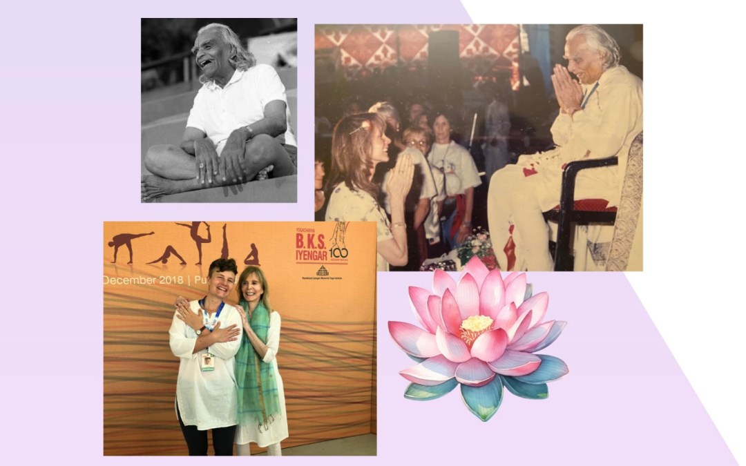 3 photos: BKS Iyengar, young Patricia Walden and Guruji, and Avery Kalapa with Patricia.